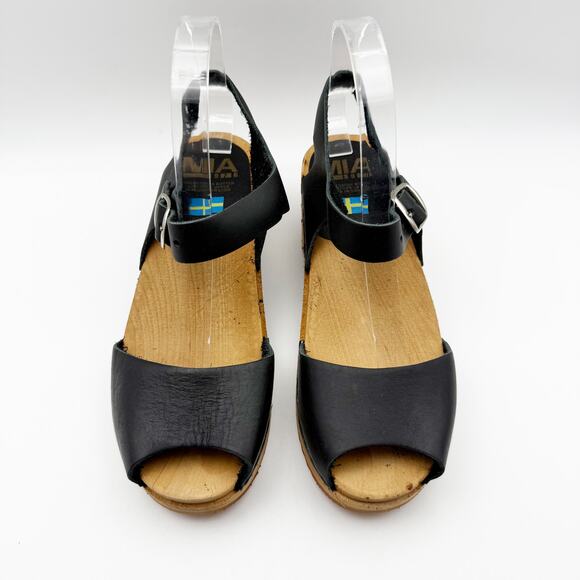 MIA Womens ANJA Clogs EU 37 US 6.5 Black Leather Wooden Heel Peep Toe NIB - Picture 6 of 11